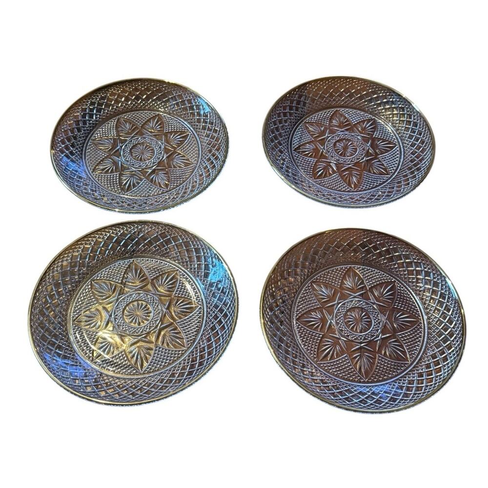 VTG Pressed Salad Plates (4) Gold Rim Diamond Starburst Pattern Mid Century MCM